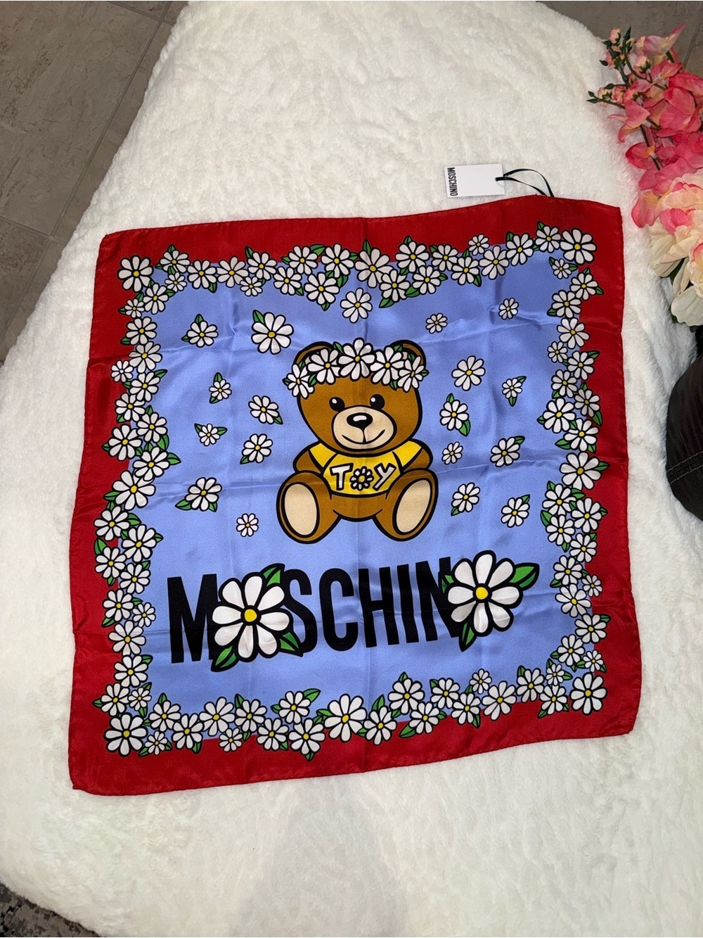 Moschino Red & Blue Teddy Bear Daisy Silk Scarf (Playful Logo)